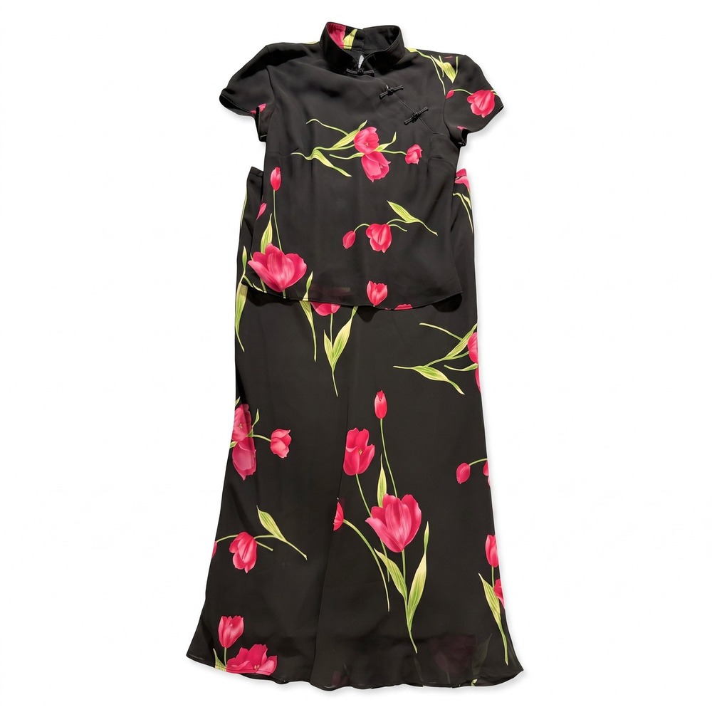 Studio I Womens 6 Black Floral Tulip Top Midi Skirt Set Vintage Boho 2pc